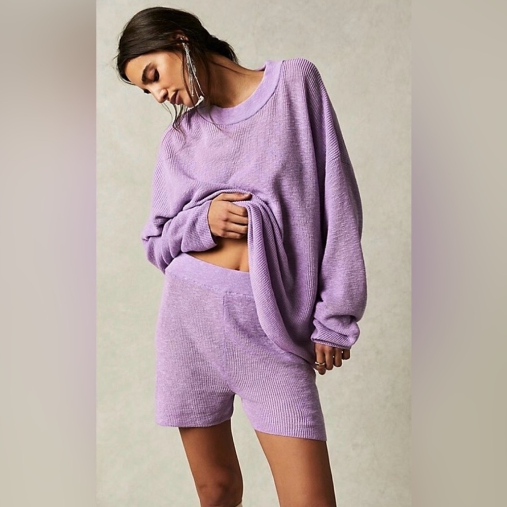 Free People Lavender Knit Lounge Set - Lilac Sweater & Shorts